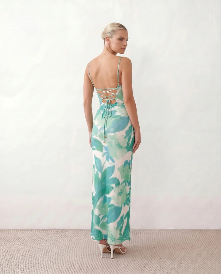 Leona | Spaghetti Strap Lace-Up Abstract Print Maxi Dress