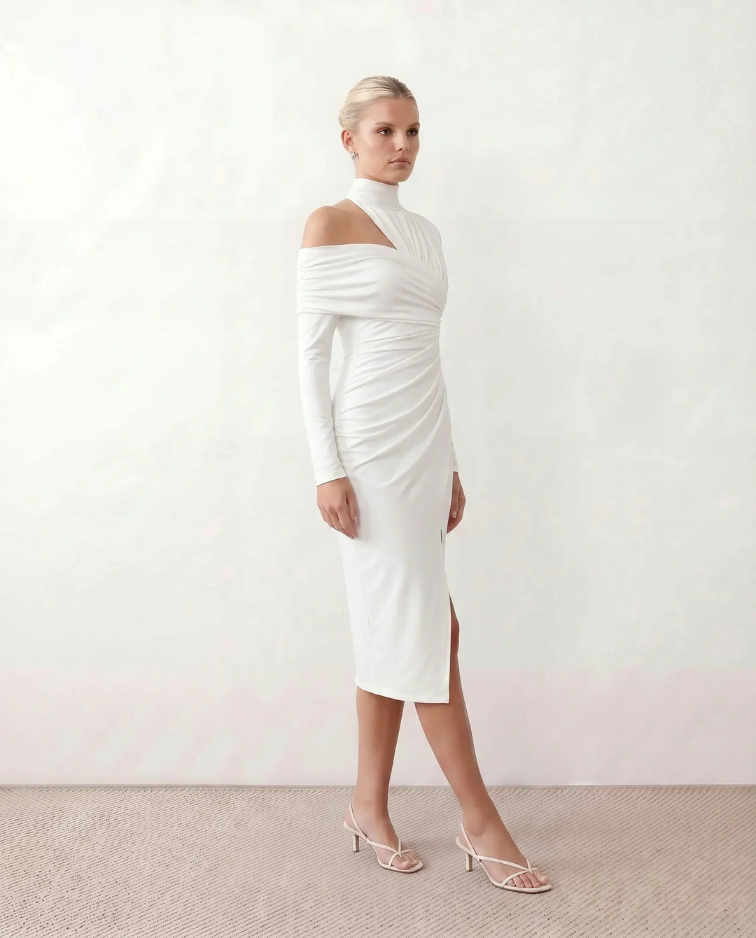 Priya | Asymmetric Neck Open Back Midi Dress