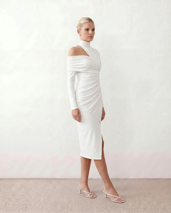 Priya | Asymmetric Neck Open Back Midi Dress