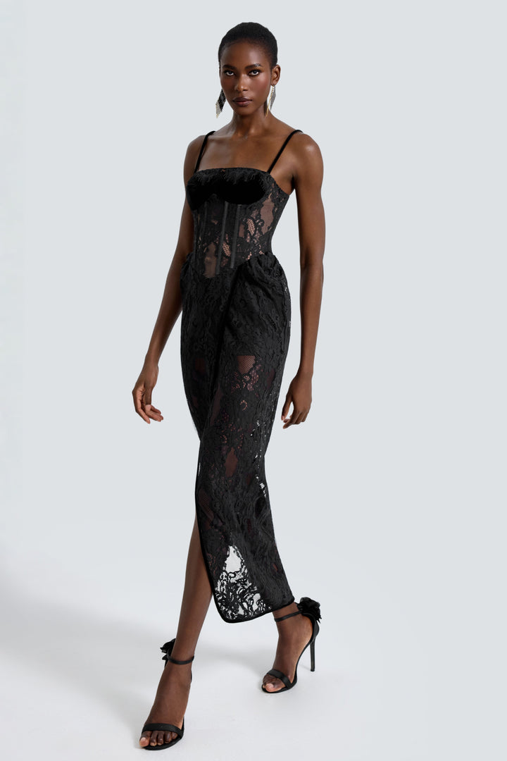 Giselle | Lace See-Through Side Slit Maxi Dress