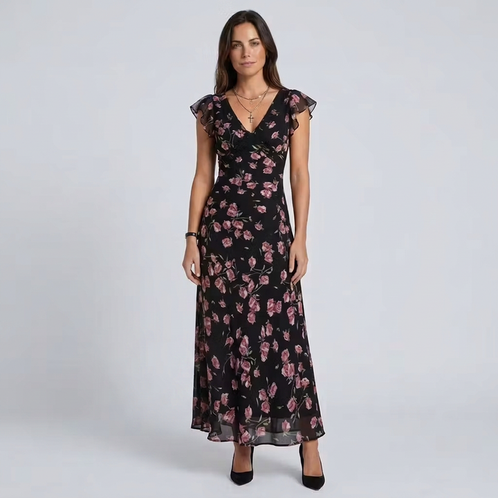 Kira | Floral Flutter Sleeve V-Neck Maxi Dress