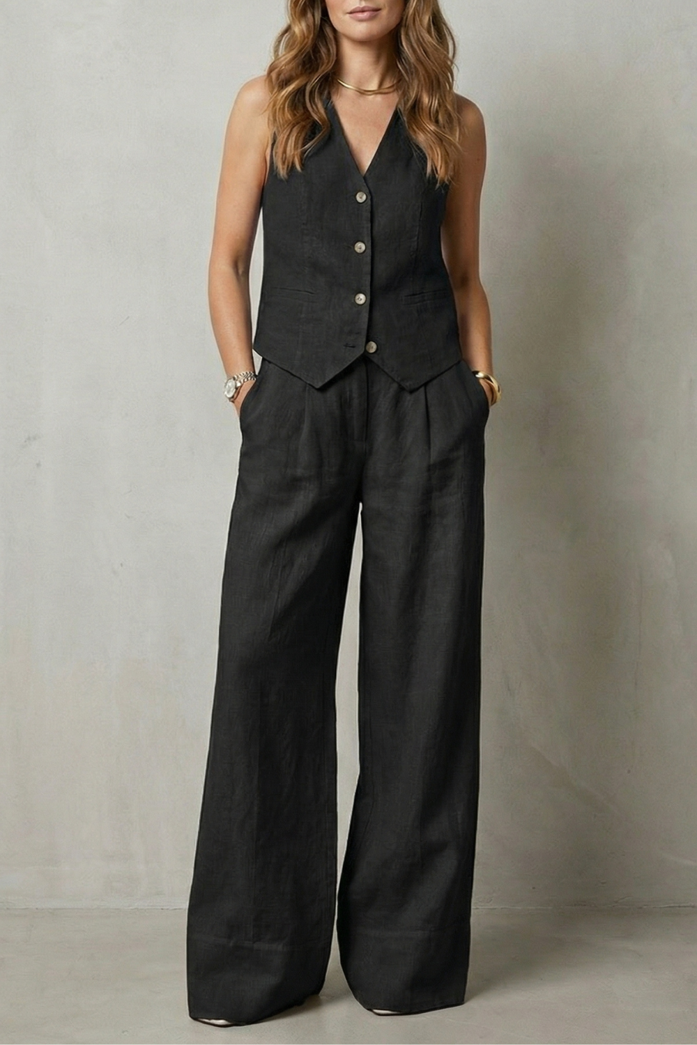Linéaura | Sleeveless Tailored Vest &amp; Wide-Leg Pant Set