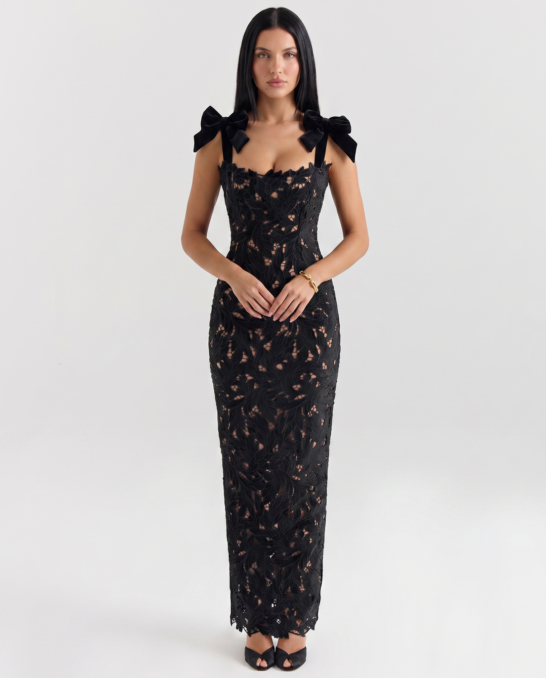 Thalina | Maxi Dress with Lace Overlay and Bow Straps