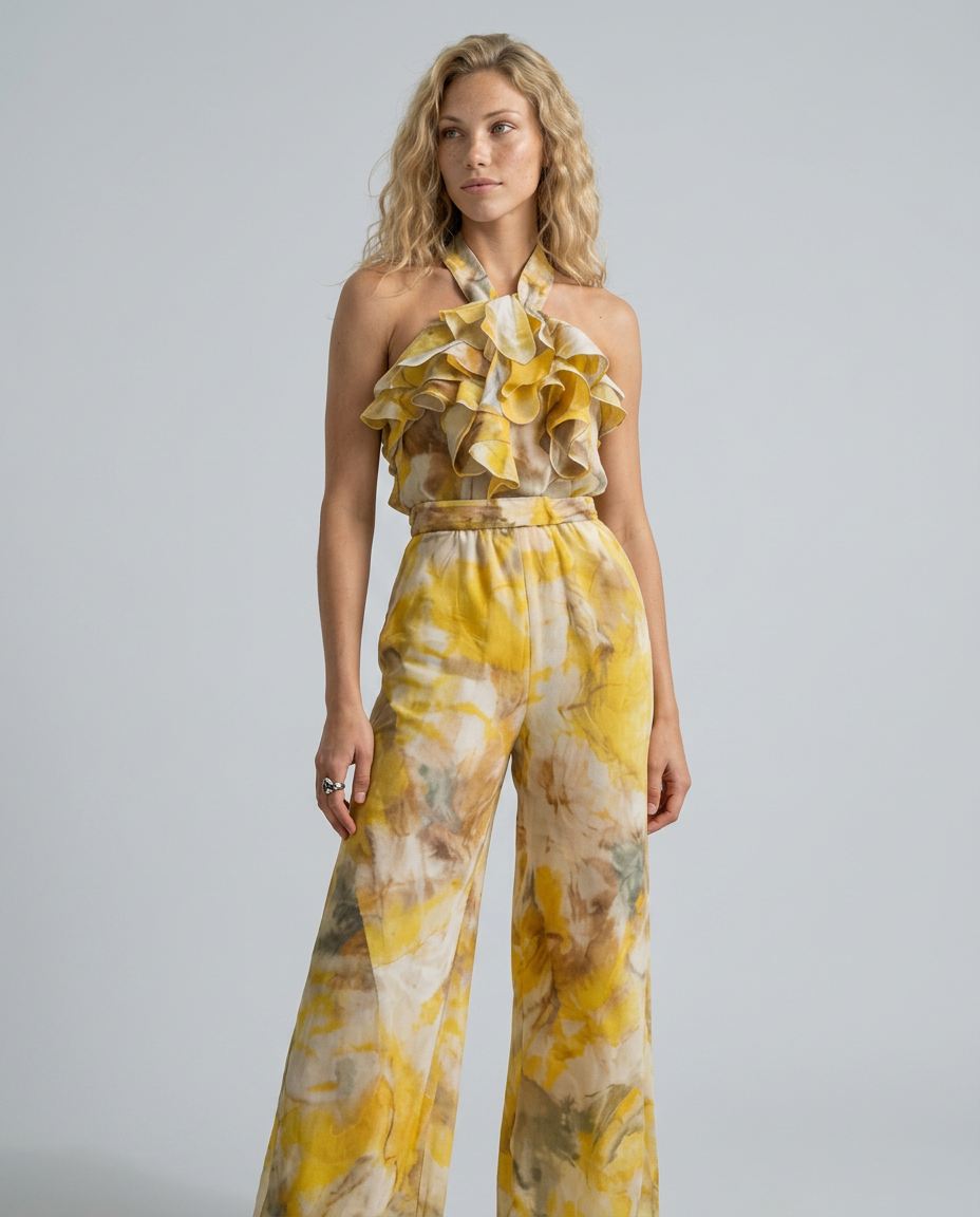 Tina | Watercolor Print Halter Jumpsuit
