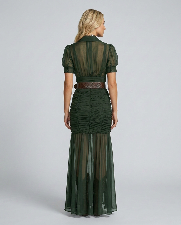 Flora | Pleated Maxi Dress with Lapel Collar