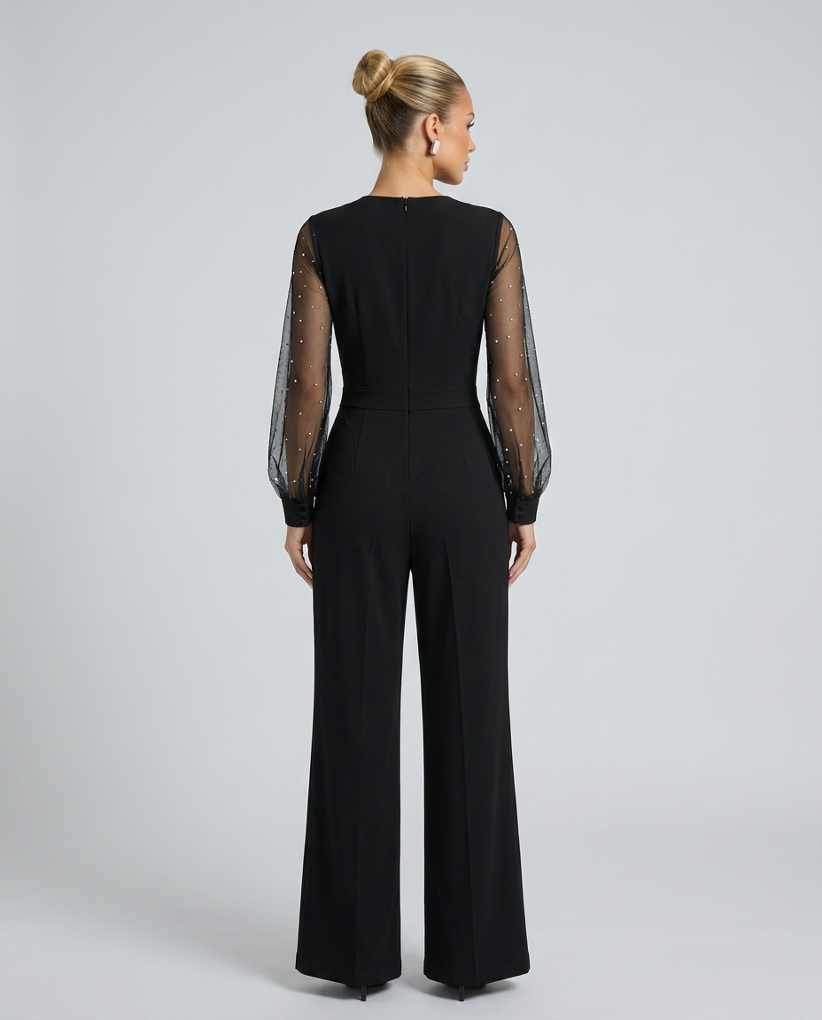 Ellen | Sequin Mesh Sleeve Jumpsuit with Wide-Leg Pants