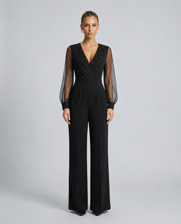 Ellen | Sequin Mesh Sleeve Jumpsuit with Wide-Leg Pants
