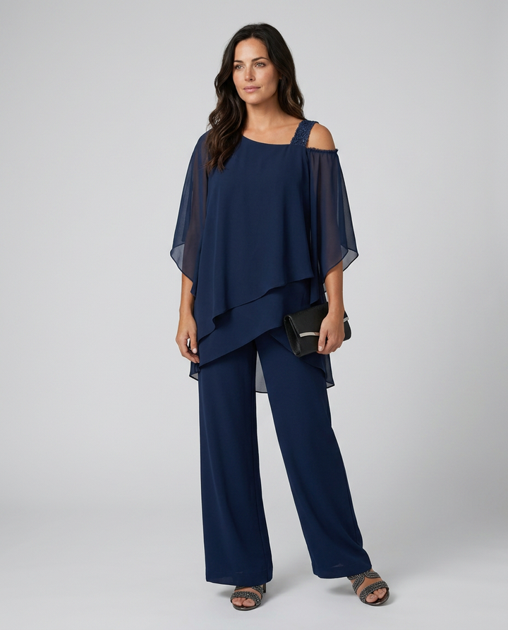 Celeste | Two-Piece Cold Shoulder Jumpsuit with Straight-Leg Pants