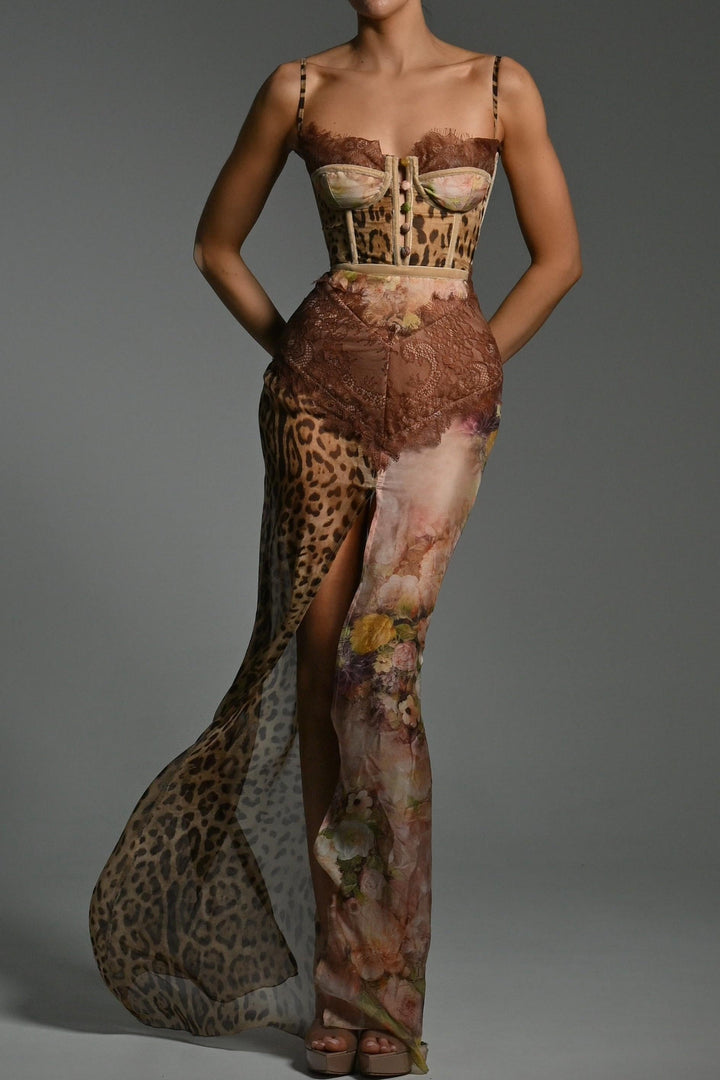 Reva | Lace Trim Leopard Print Side Slit Maxi Dress