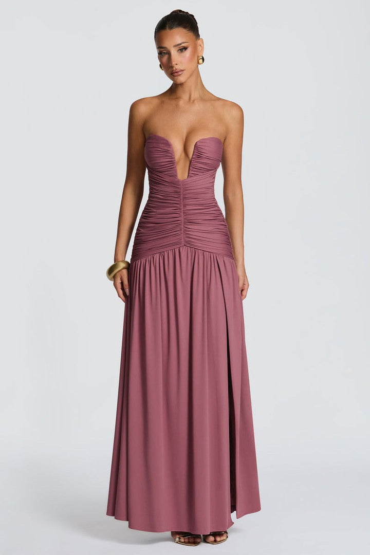 Maeve | Gathered Side Slit Maxi Dress