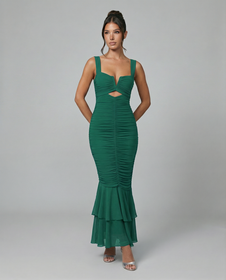 Laverne | Ruched Fishtail Maxi Dress with V-Wire Bust