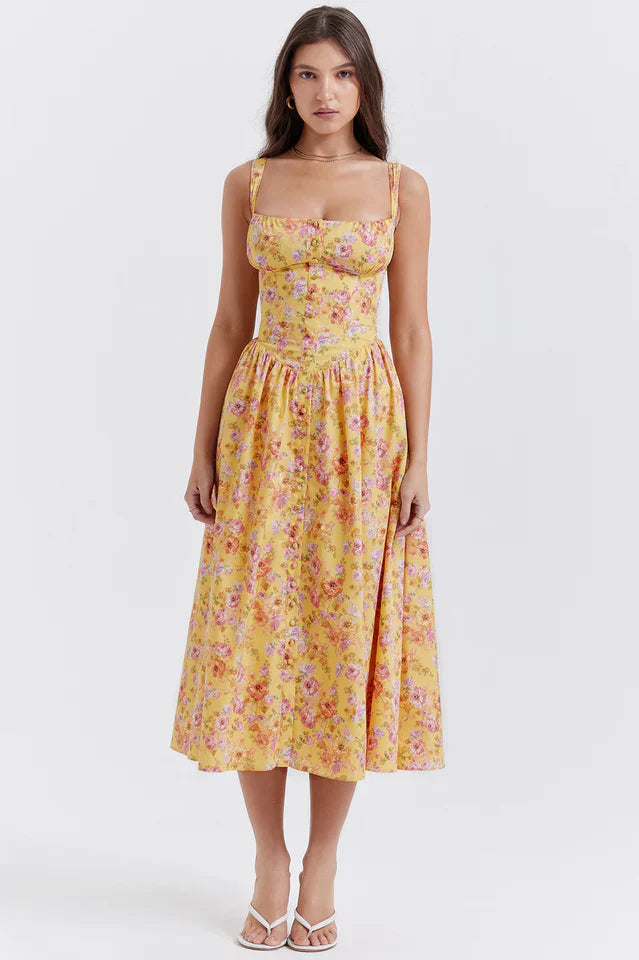 Stacy | Floral Midi Dress with Structured Bodice