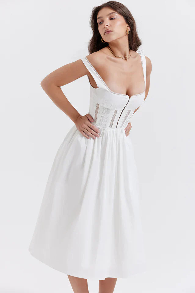 Louise | Midi Dress with Lace Trim Bodice