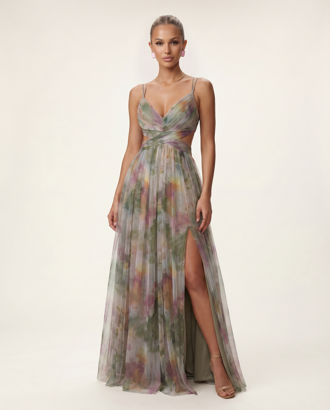 Colby | Maxi Dress with Watercolor Floral Print and Pleats
