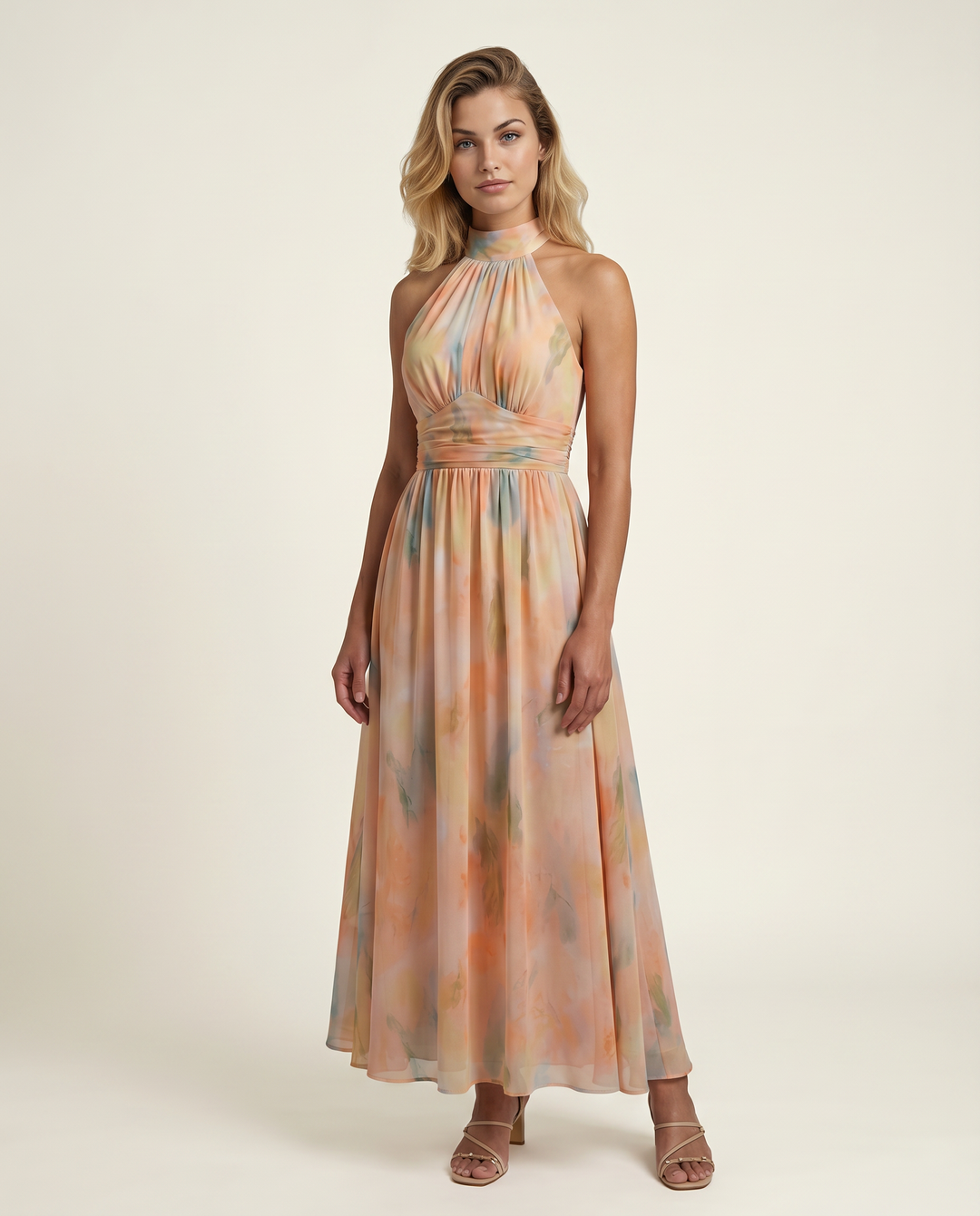 Felecia | Maxi Dress with Watercolor Print and Halter Neck