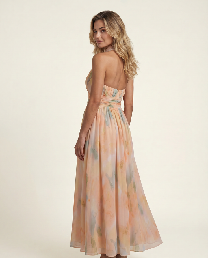 Felecia | Maxi Dress with Watercolor Print and Halter Neck