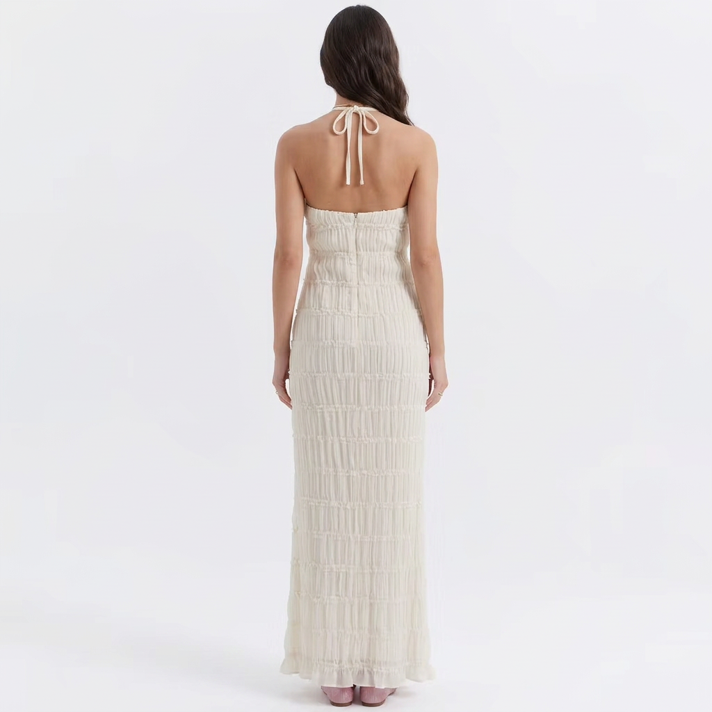 Sonja | Textured Pleated Halter Neck Maxi Dress