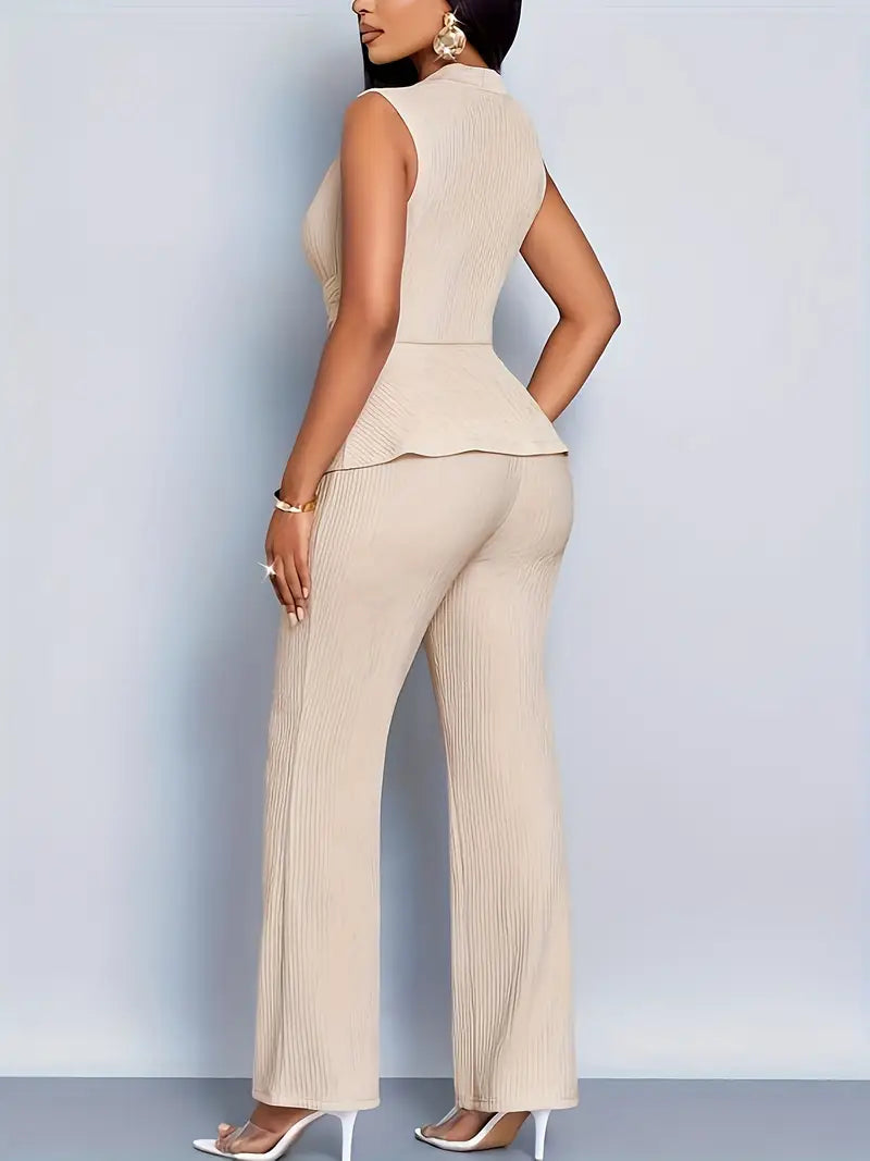 Clovaine | V-Neck Peplum Top &amp; Wide Leg Pants Set