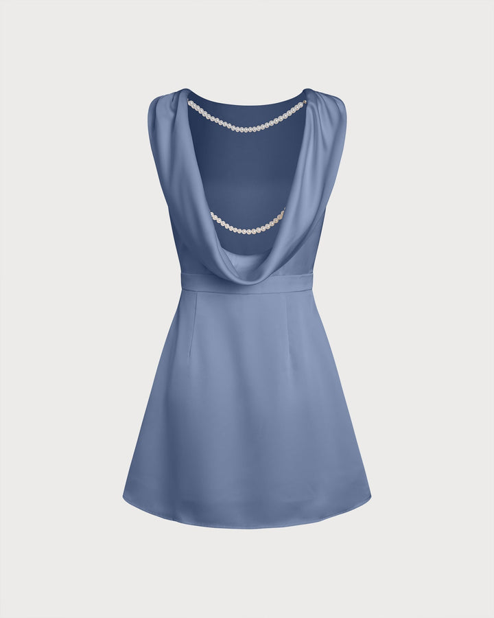 Celeste | Boat Neck Pearl Detail Satin Mini Dress